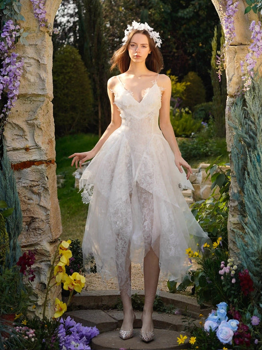 White V Lace Tulle Midi Dress