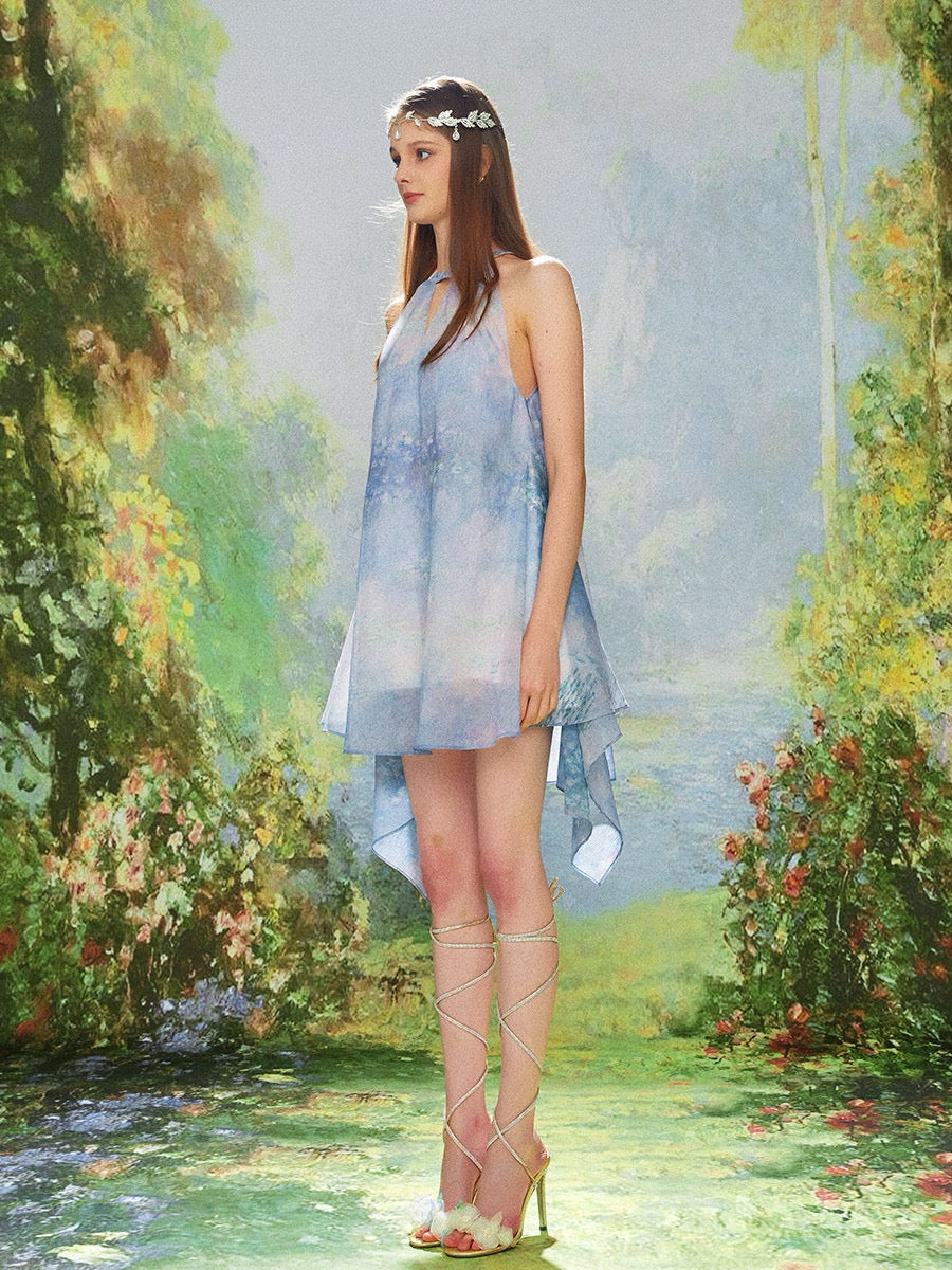 KINGWEN blue water lily mini dress