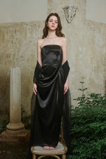 Black Strapless Satin Draped Waist Tulle Shawl Slit Maxi Dress