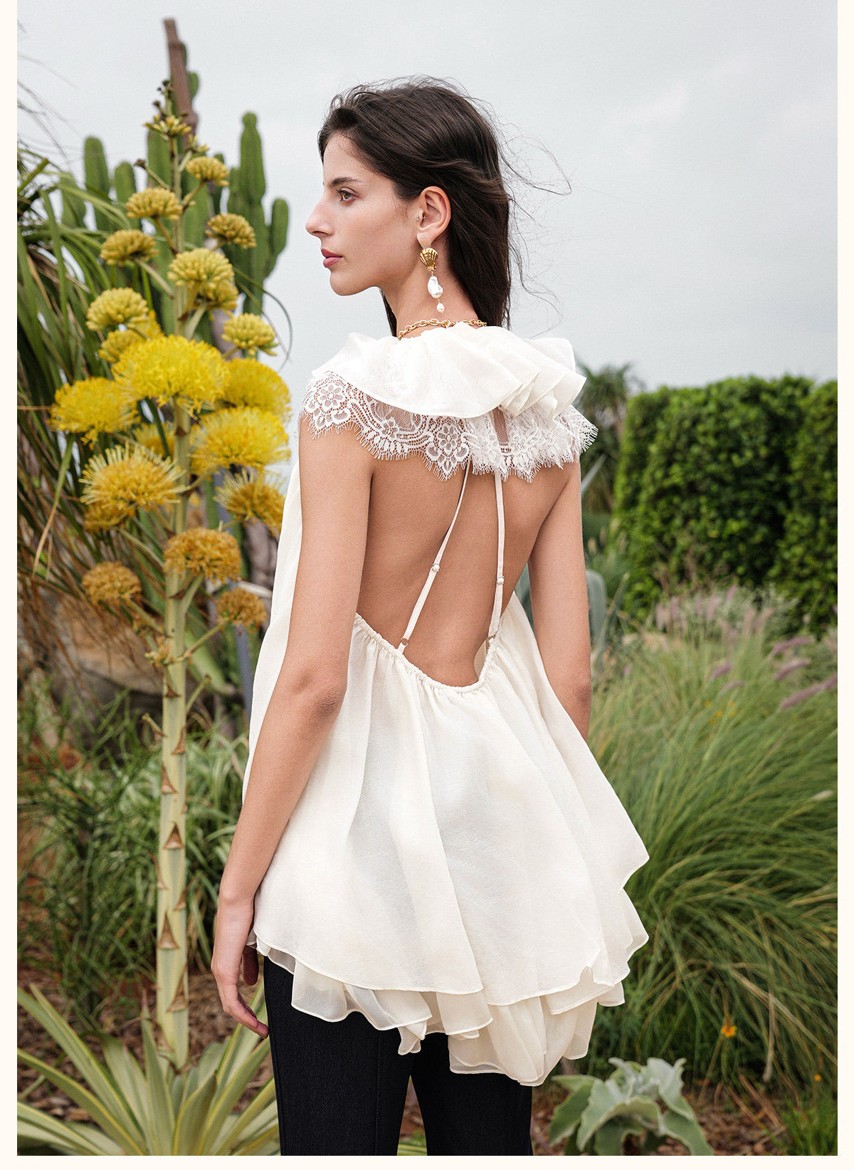 SHEERLUCK Vacation Fairycore White Ripple V-neck Top & Indigo Pants