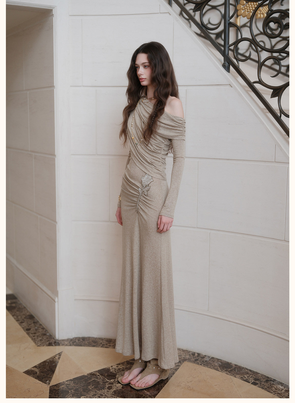 Brown Off-Shoulder Cross-Drape Long-Sleeve Knit Gown Midi Dress