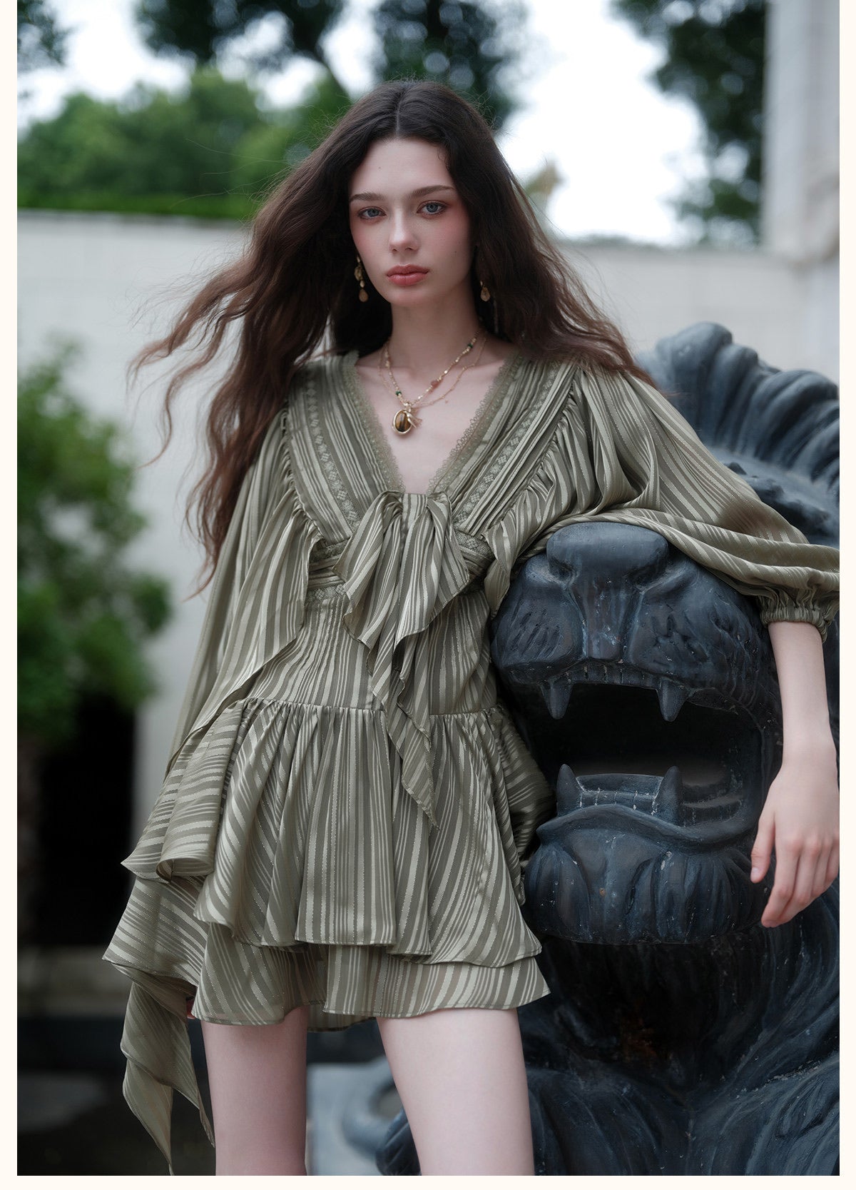 Green Striped Satin Lantern-Sleeve V-Neck Bow Tiered Mini Dress