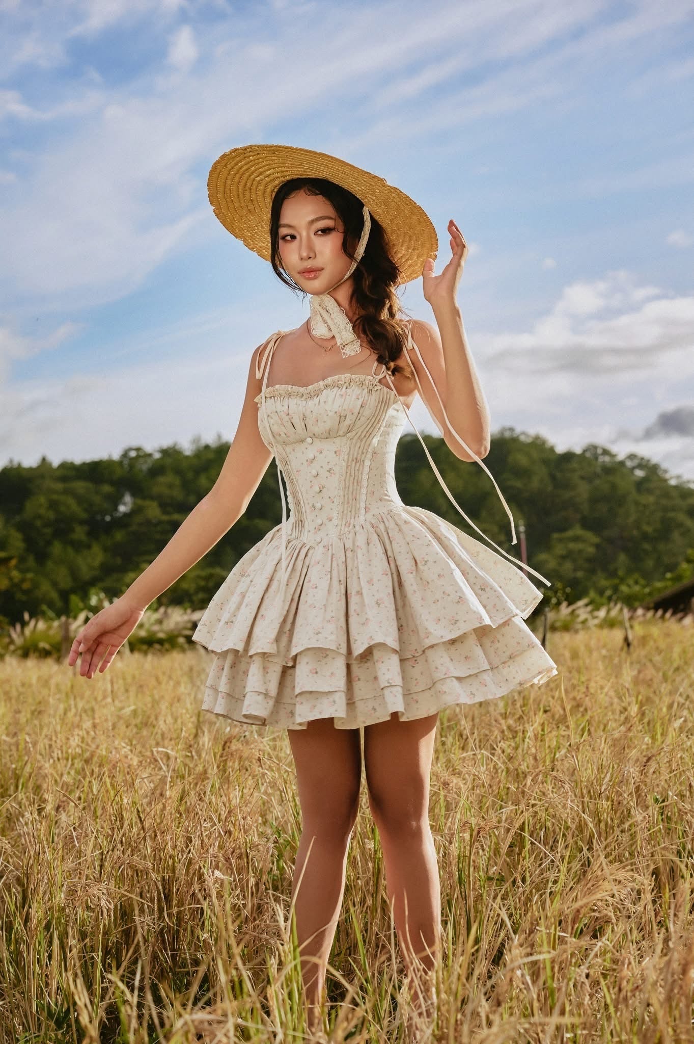 SISSY NATION Sweet Elegant Floral Cream Cherry Corset Mini Dress