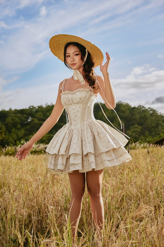 SISSY NATION Sweet Elegant Floral Cream Cherry Corset Mini Dress