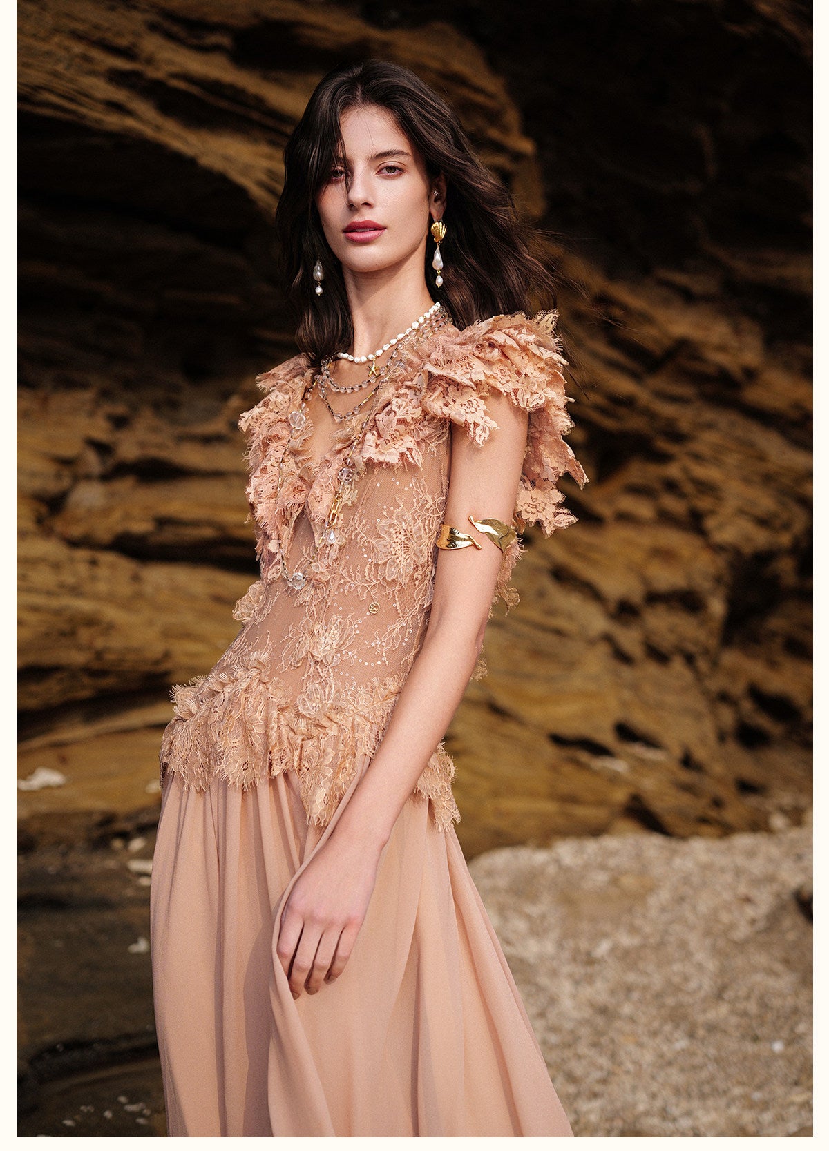 SHEERLUCK Floral Vacation Brown Muse Multi-layered Lace Panel Maxi Dress