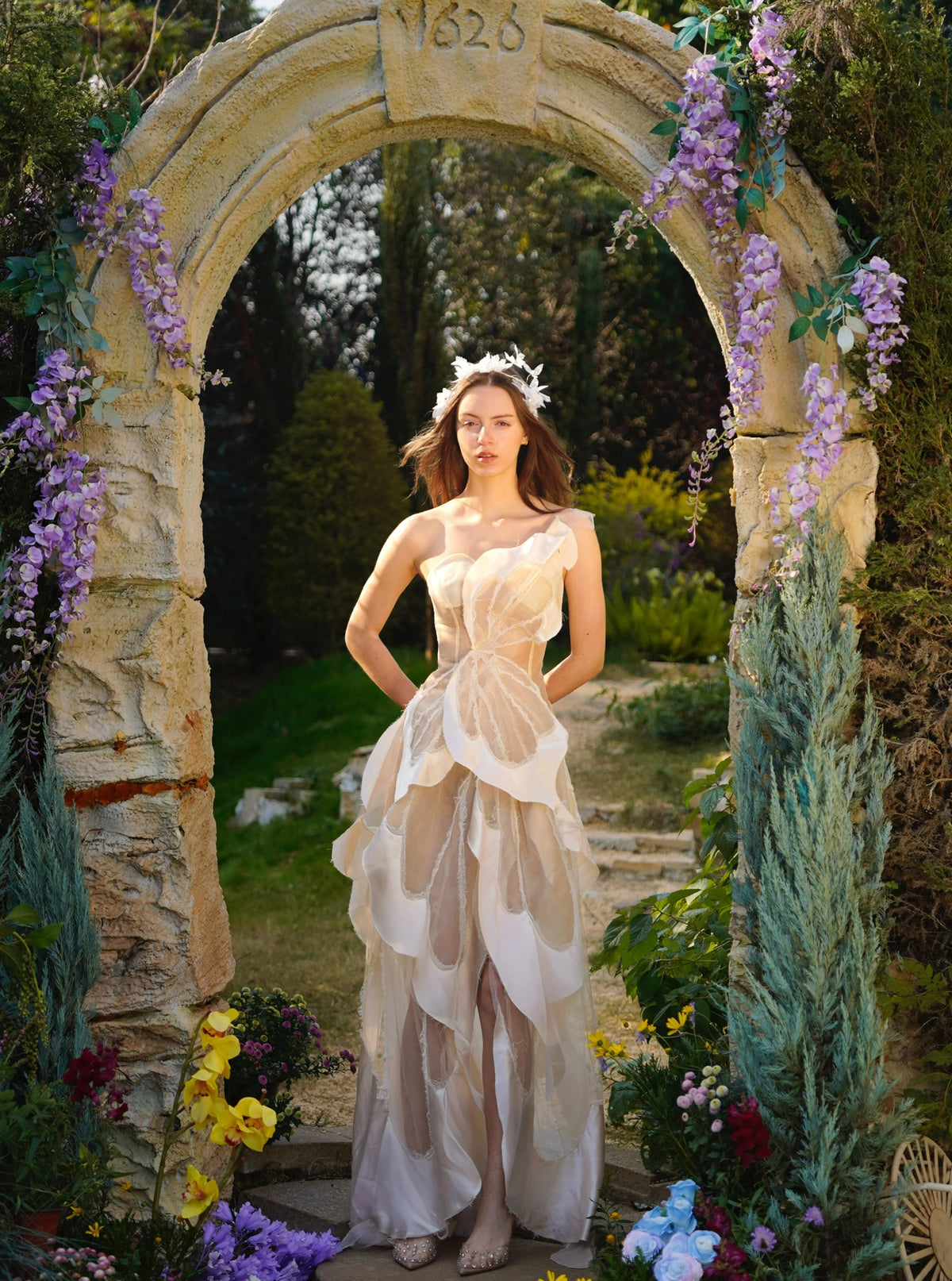 White 3D Petal Sheer Tulle Maxi Dress