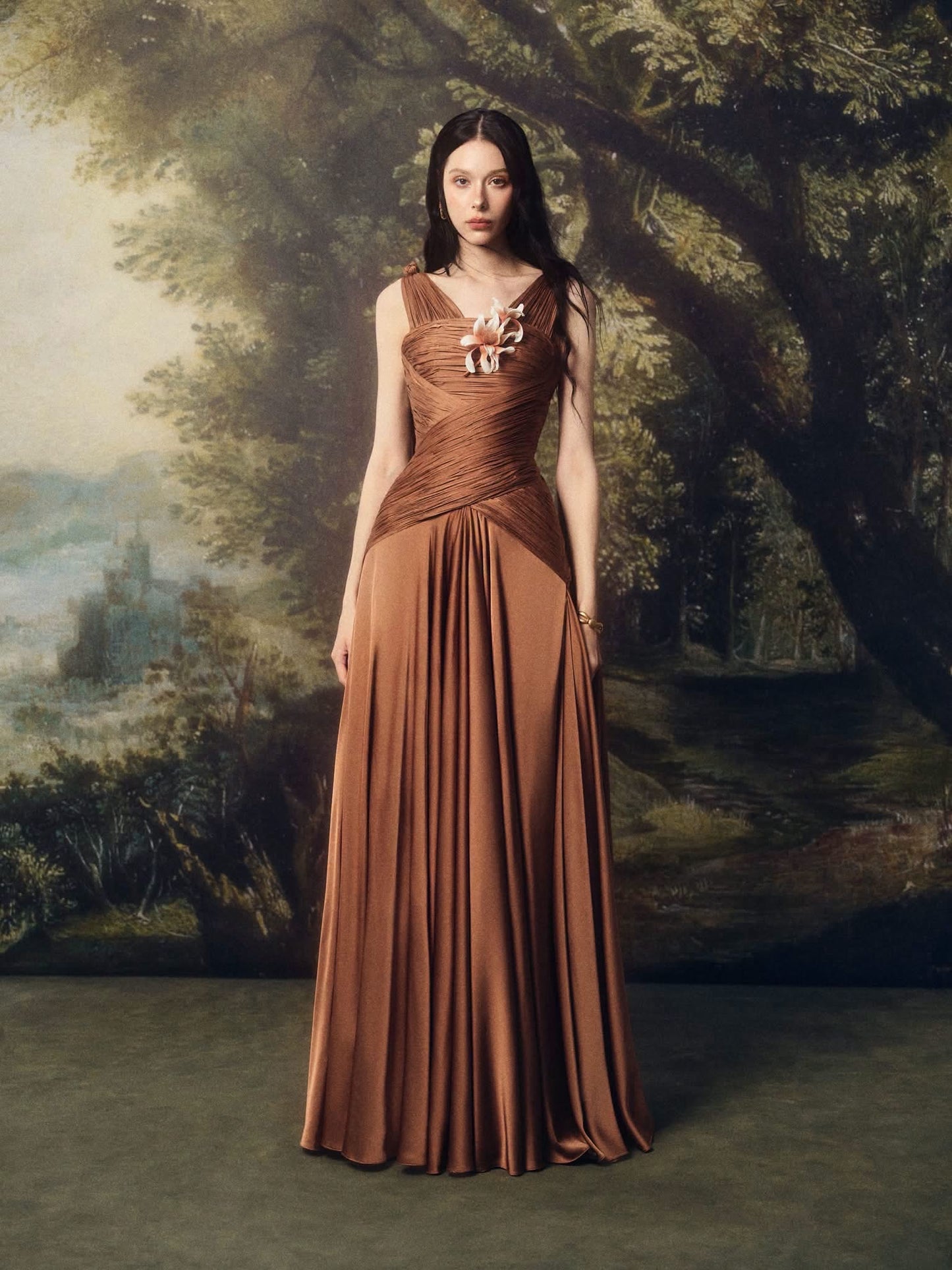 LINHPHUNG Brown Ambriel Floral Pleated Maxi Dress
