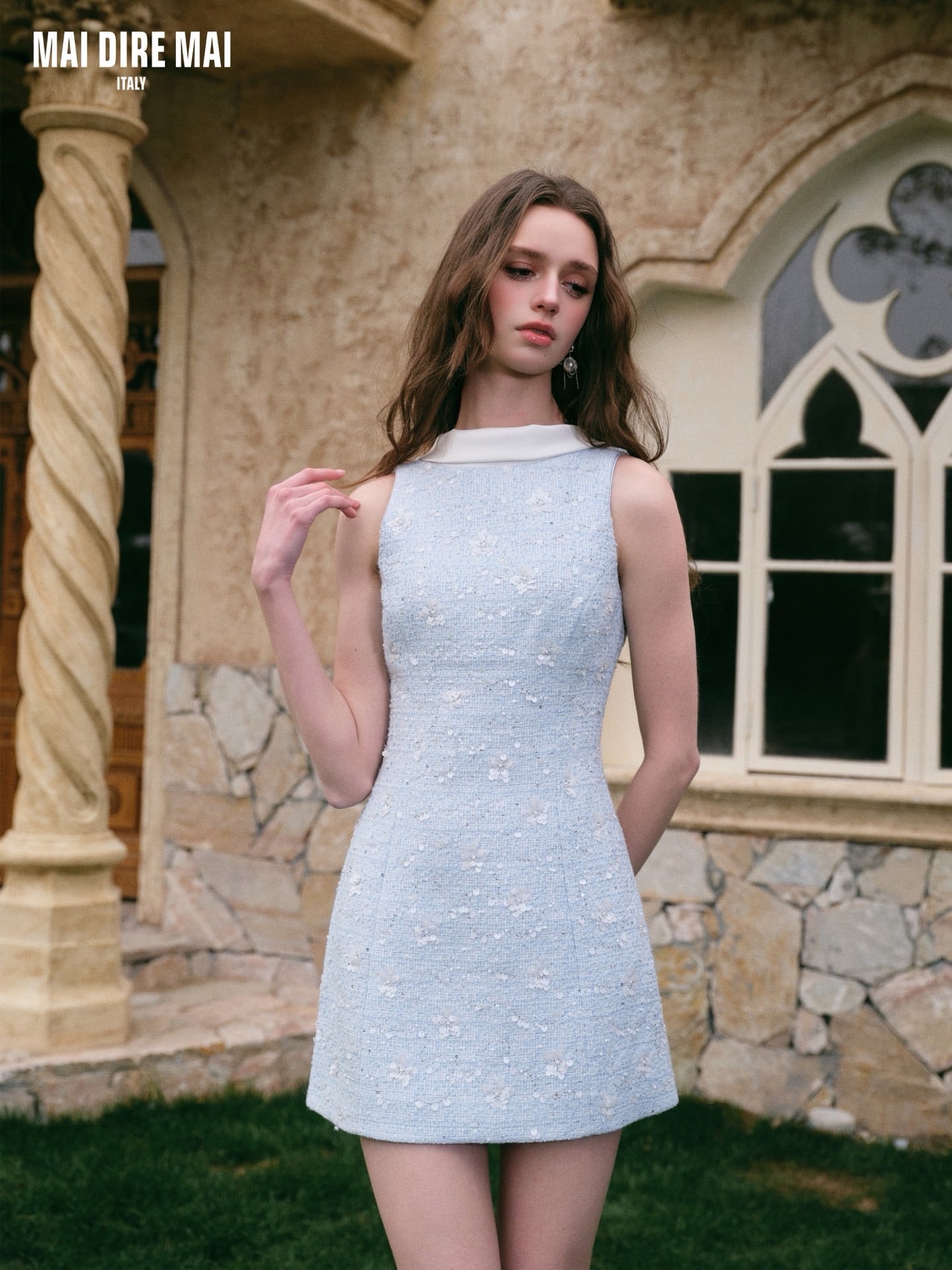 MAI DIRE MAI Sweet Elegant Blue High-neck Tweed Mini Dress
