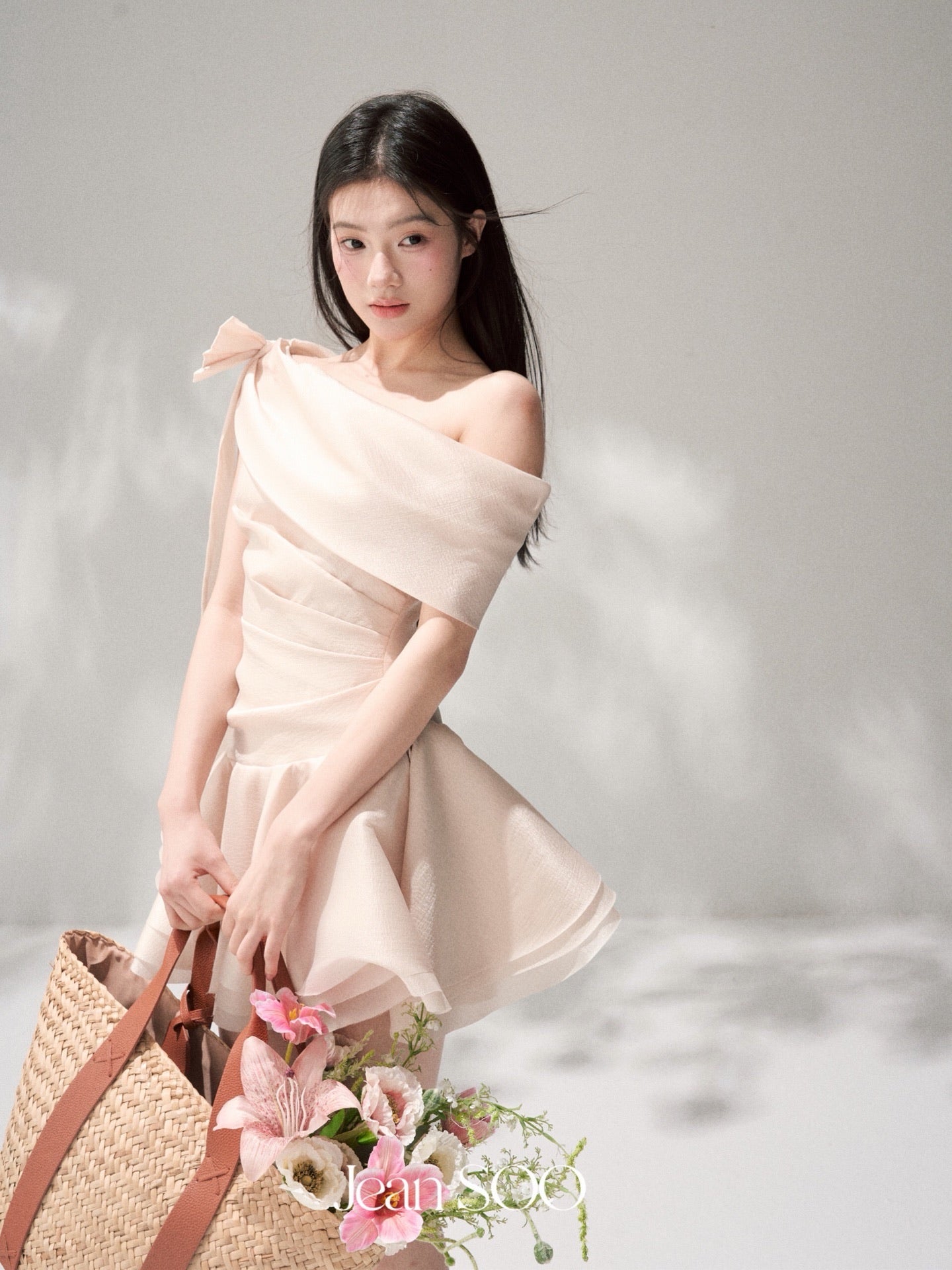 JEAN SOO Sweet Vacation Pink Satin Slopeing Shoulder Mini Dress