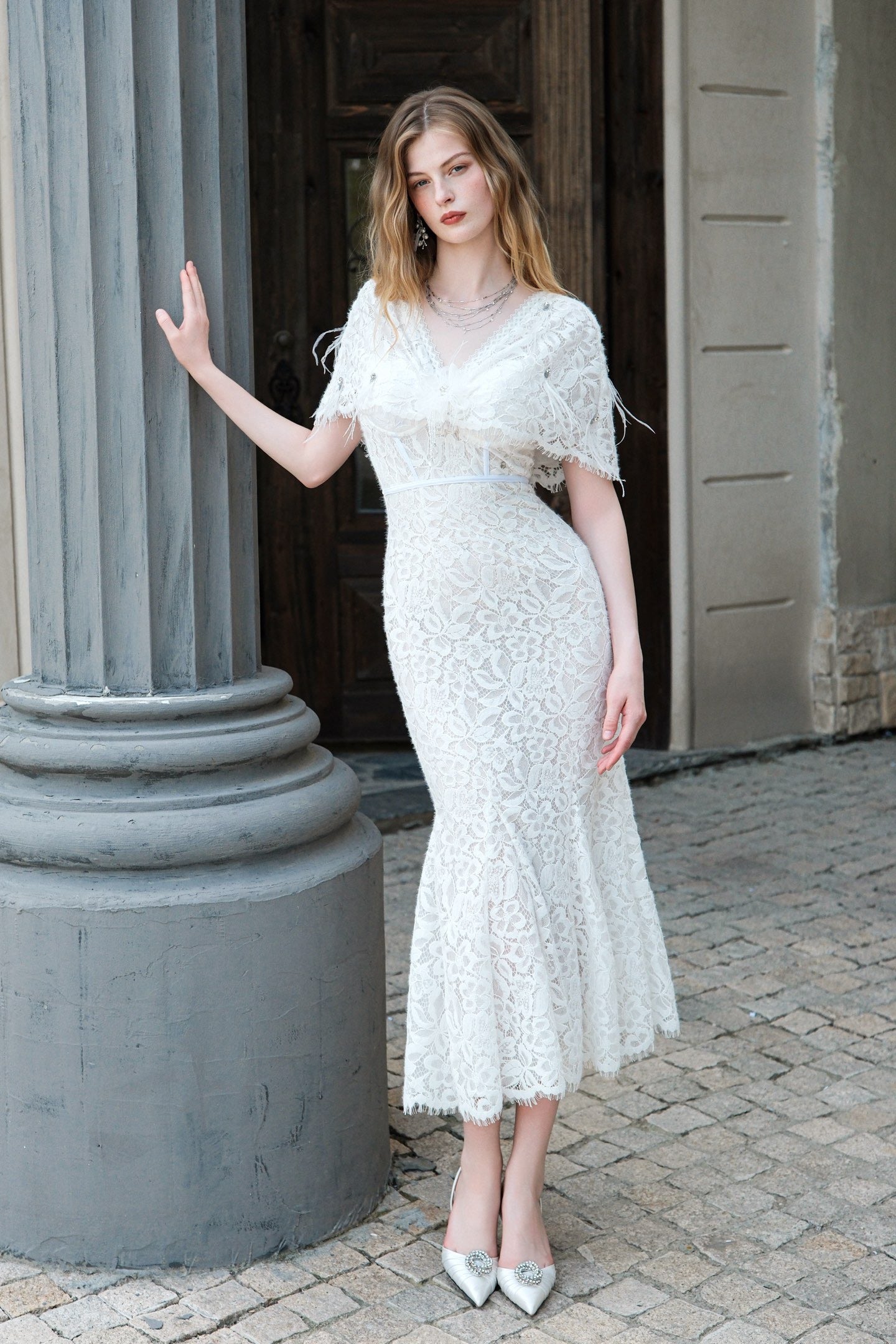 SHEERLUCK Pink V-Neck Lace Shawl-Trimmed Strapless Maxi Dress