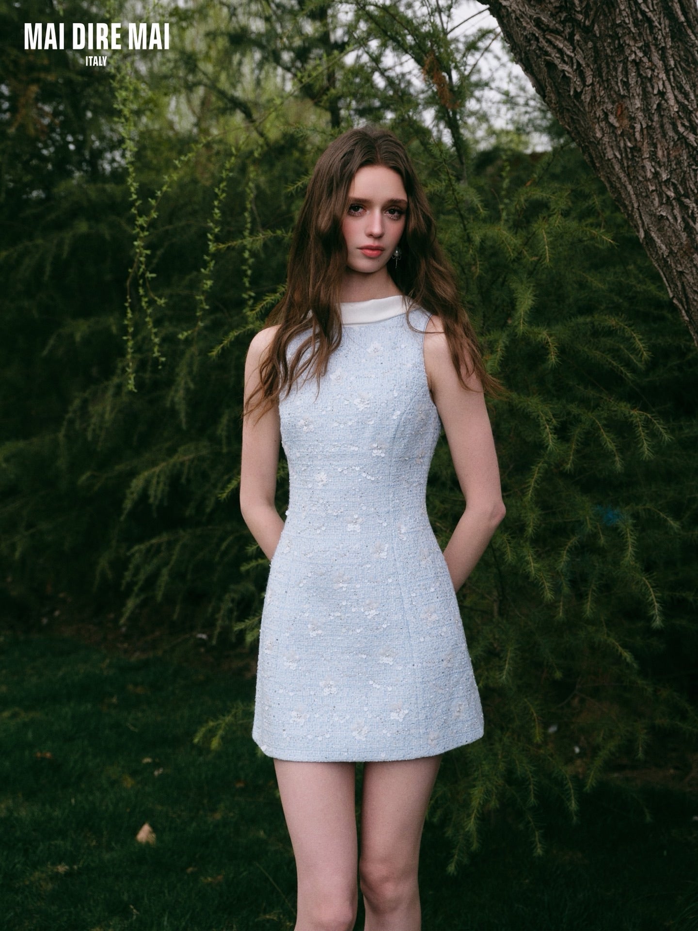 MAI DIRE MAI Sweet Elegant Blue High-neck Tweed Mini Dress