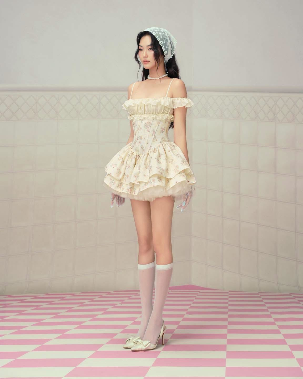 Yellow Off-Shoulder Ruffled Corset Floral Puff Lupita Mini Dress with Lace Veil