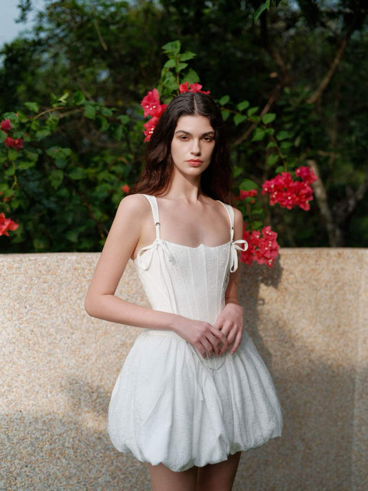 White Spaghetti Strap Bow Corset Puff Mini Dress