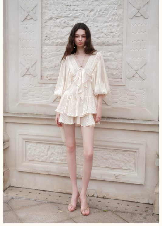 White Striped Satin Lantern-Sleeve V-Neck Bow Tiered Mini Dress