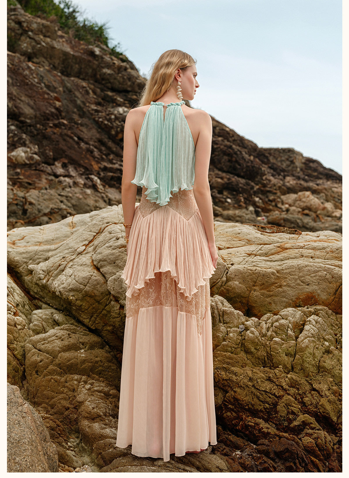 Sheerluck Elegant Vacation Blue Green Laguna French Lace Maxi Dress
