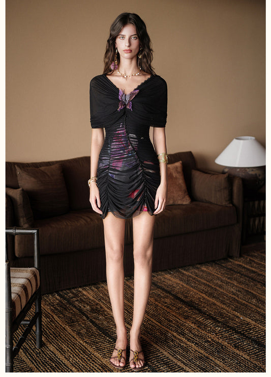 Sheerluck Elegant Vacation Black Farfalla Butterfly Mini Dress