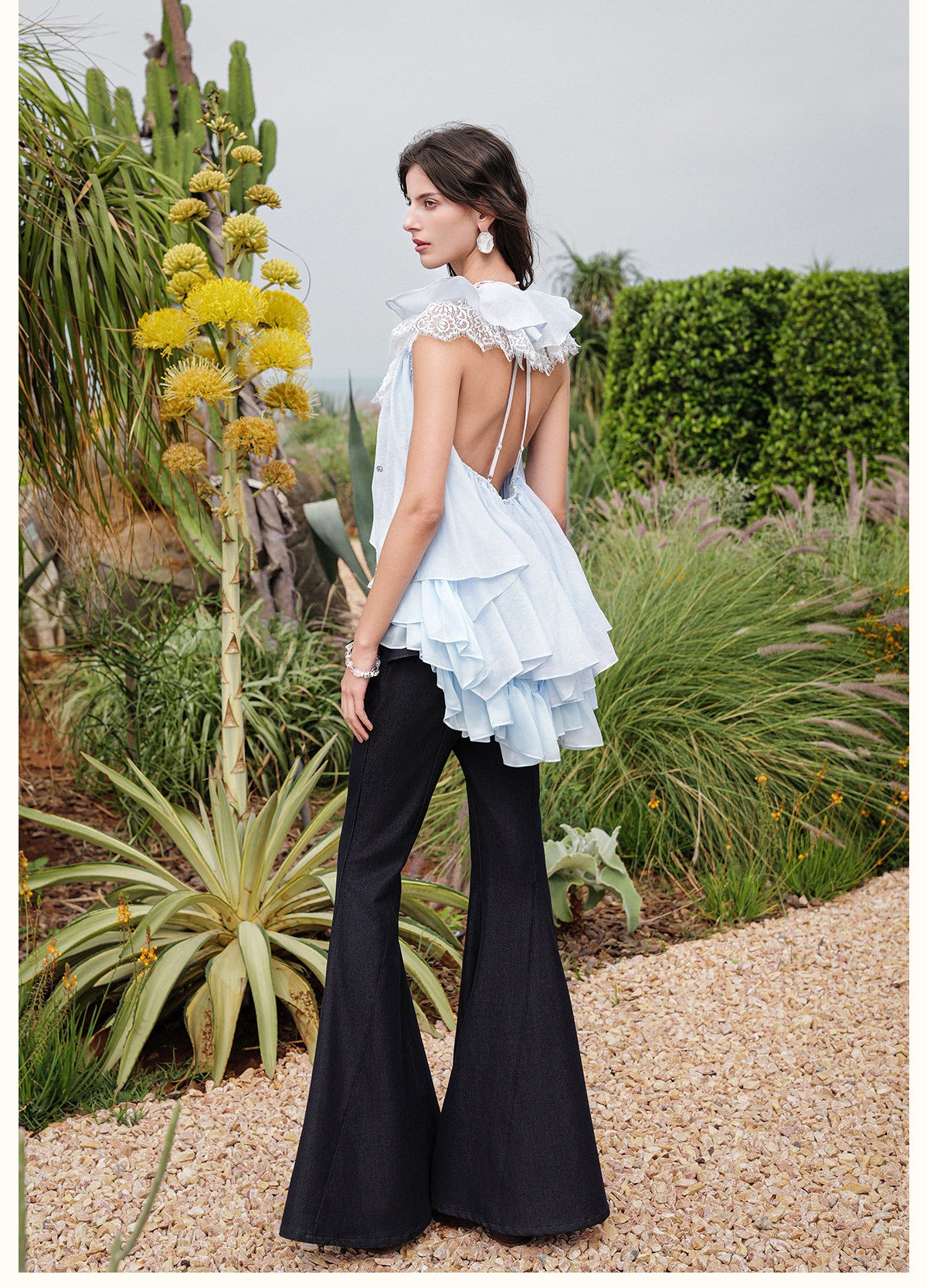 SHEERLUCK Vacation Fairycore White Ripple V-neck Top & Indigo Pants