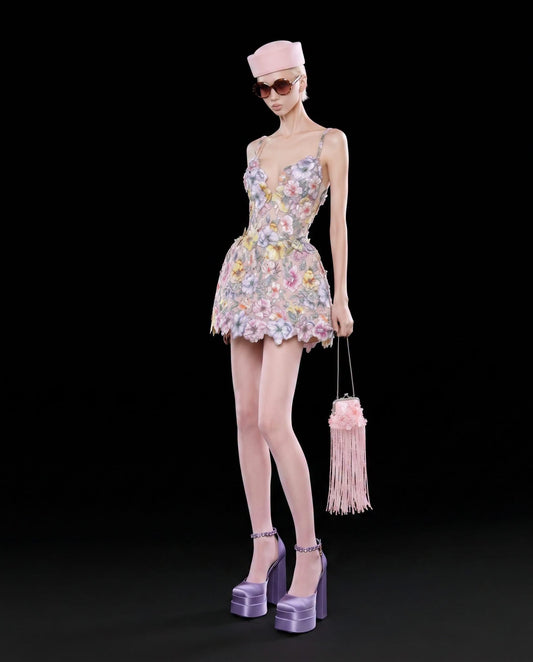 Purple Floral Strap V-Neck 3D-Floral Embroidered Nelia Mini Dress