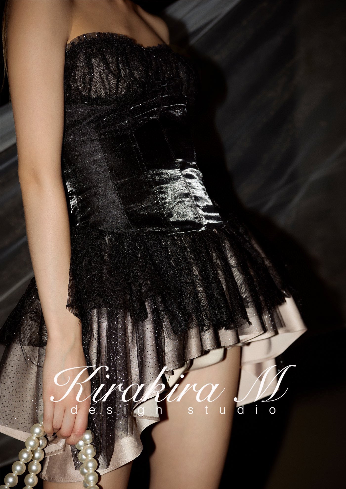 kirakira M Black Lace Waistband mini Dress