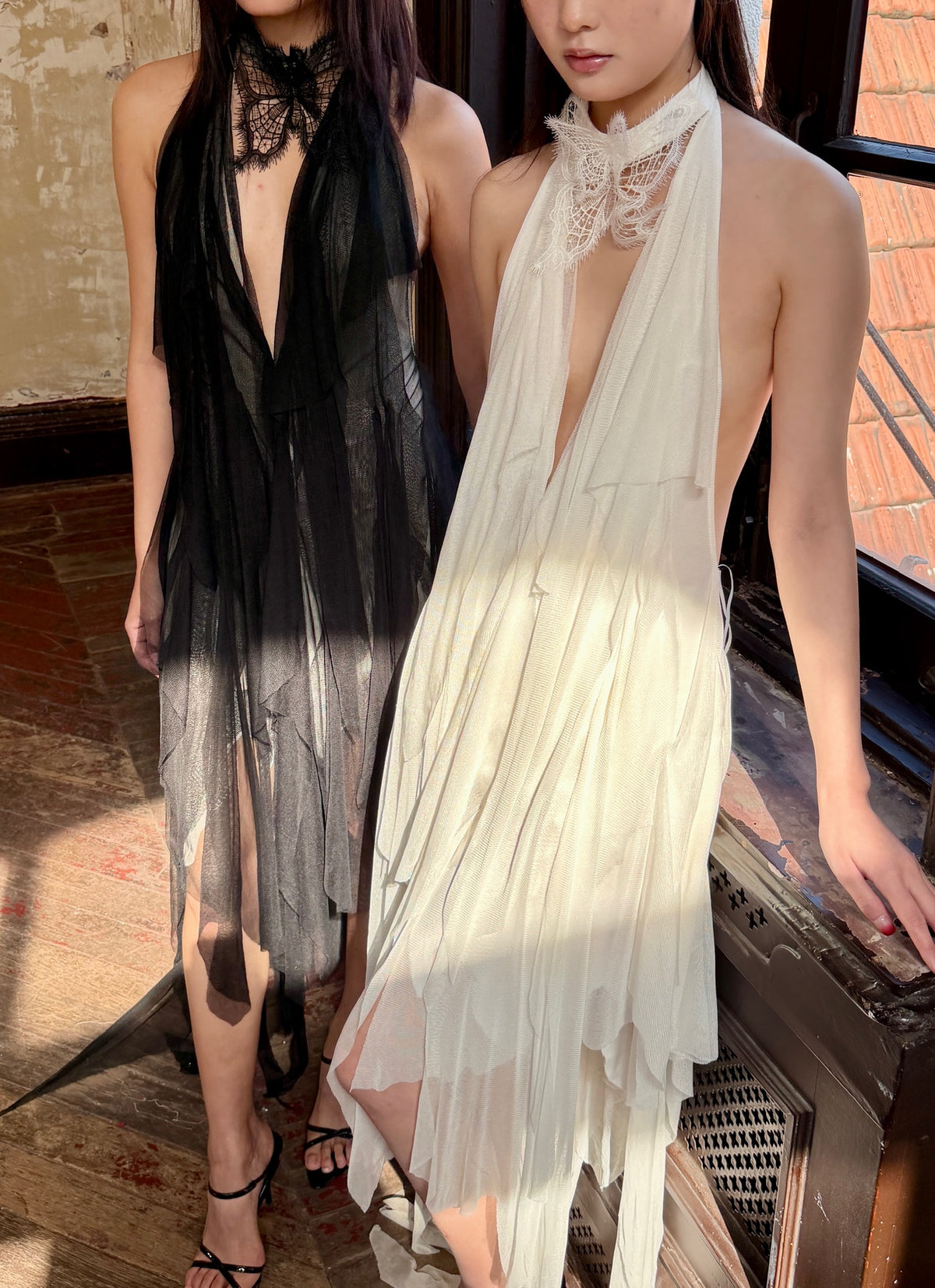 Black Halter Irregular Sheer Tulle Midi Dress