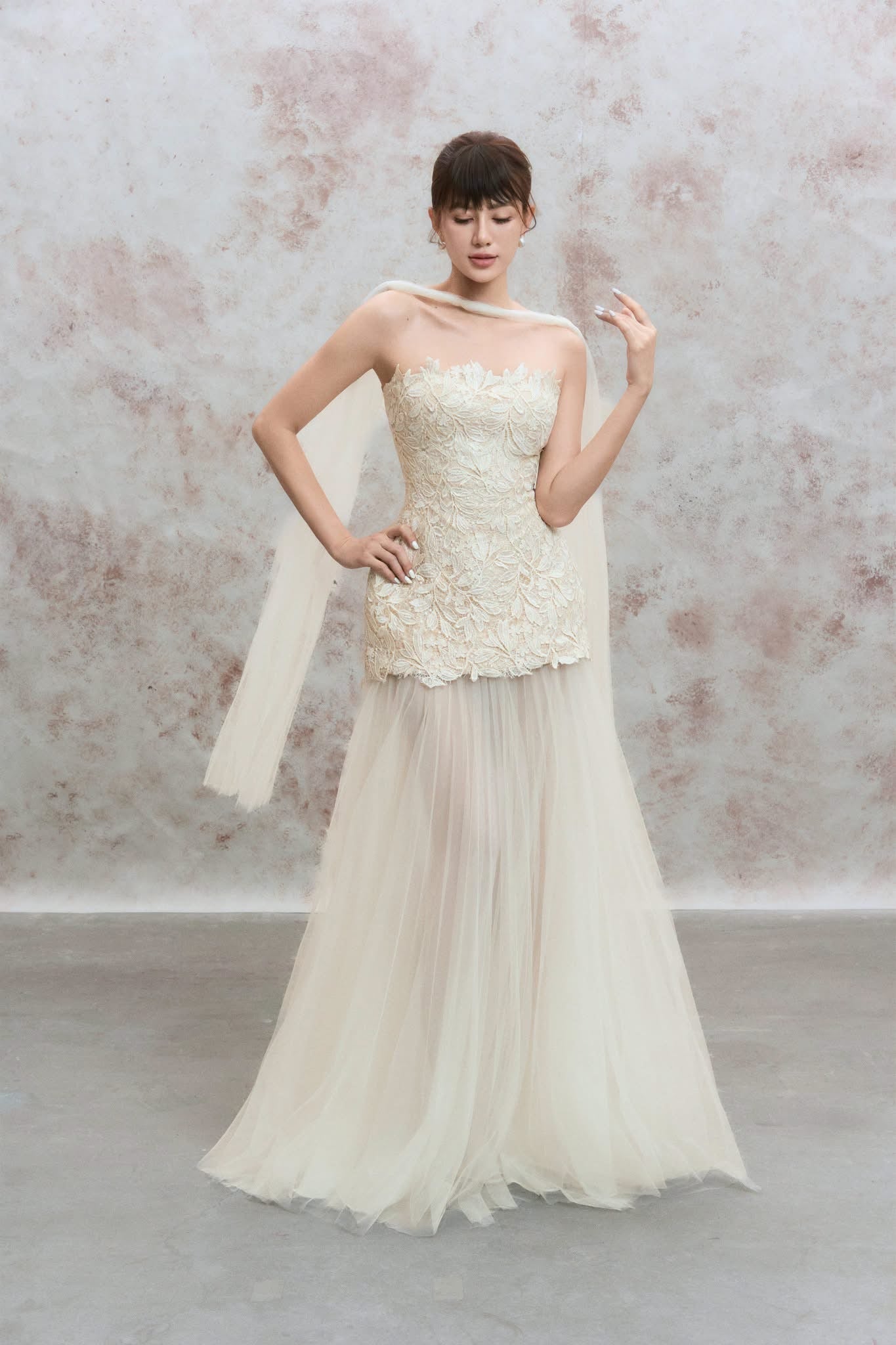 DENIO White Hera Lace Mesh Flared Maxi Dress