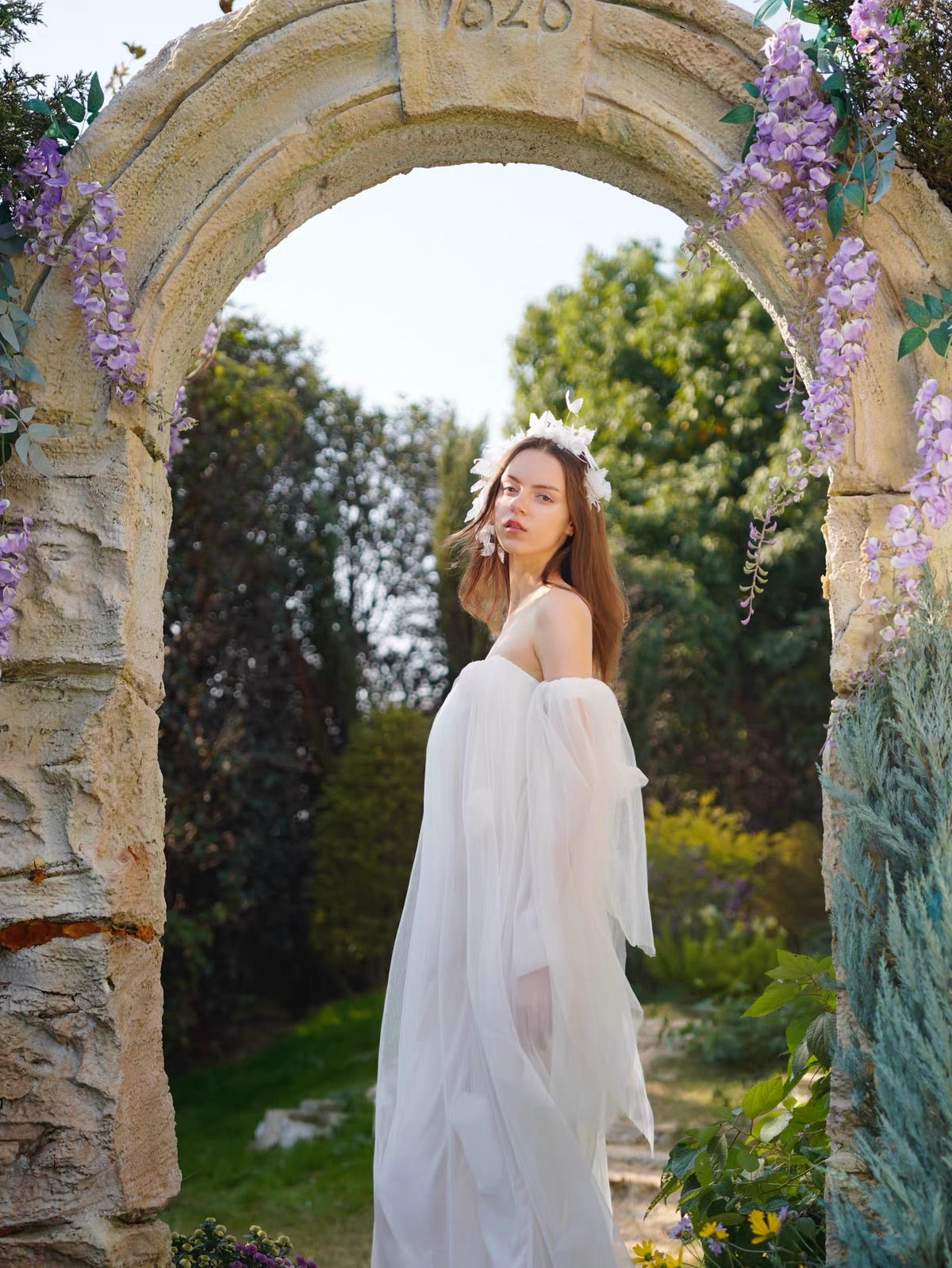 White Off-Shoulder Puff Sleeve Tulle Maxi Dress