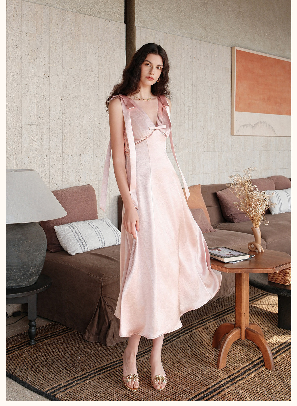 SHEERLUCK Blue Peggy V-neck Stain Vacation Midi Dress