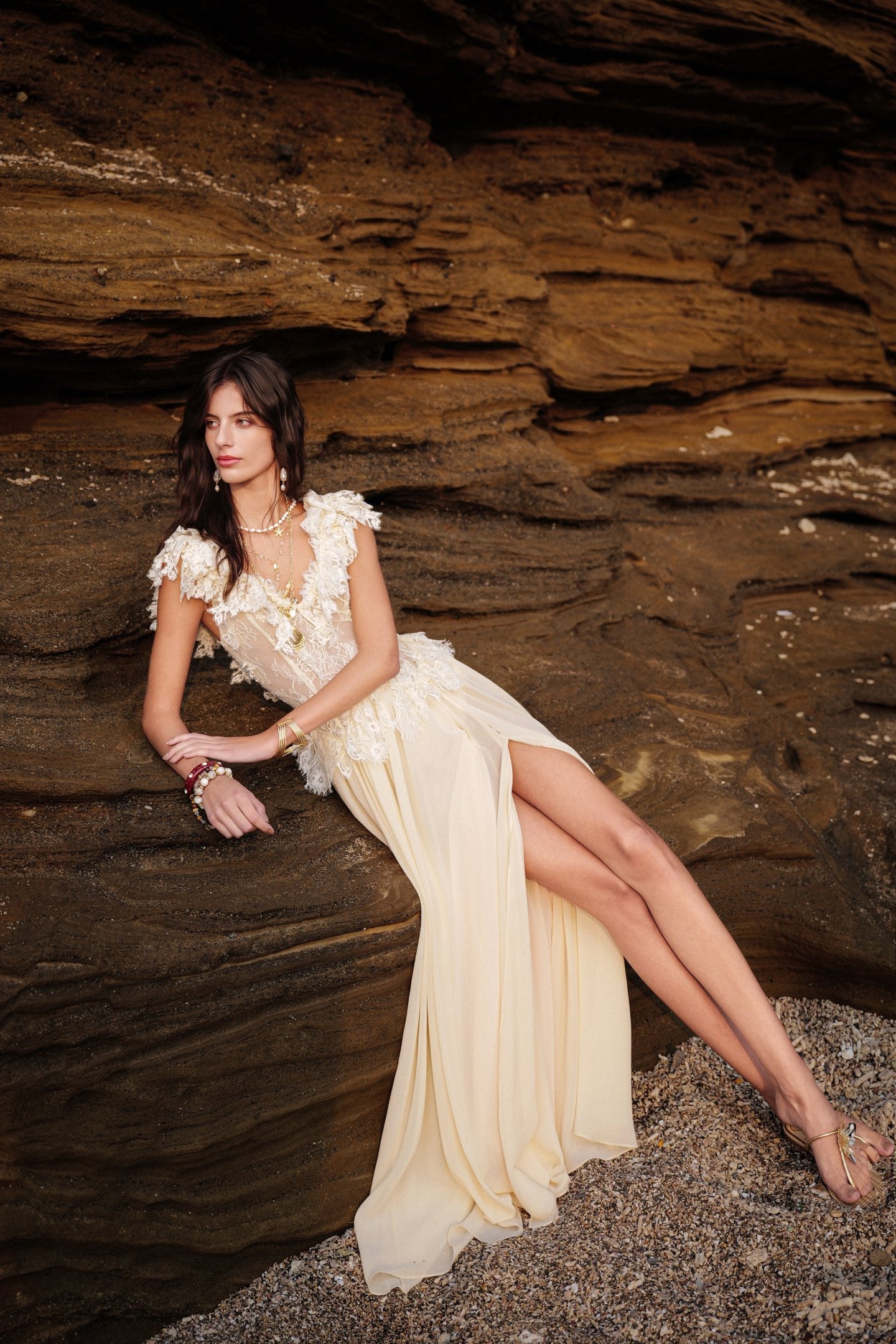 SHEERLUCK Floral Vacation Brown Muse Multi-layered Lace Panel Maxi Dress