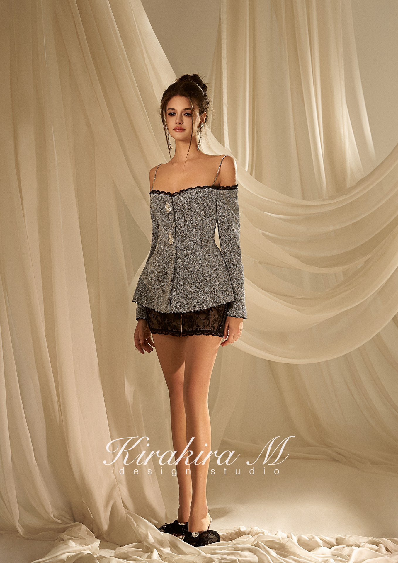 KIRAKIRA M silver off shoulder coat mini dress with laced detail