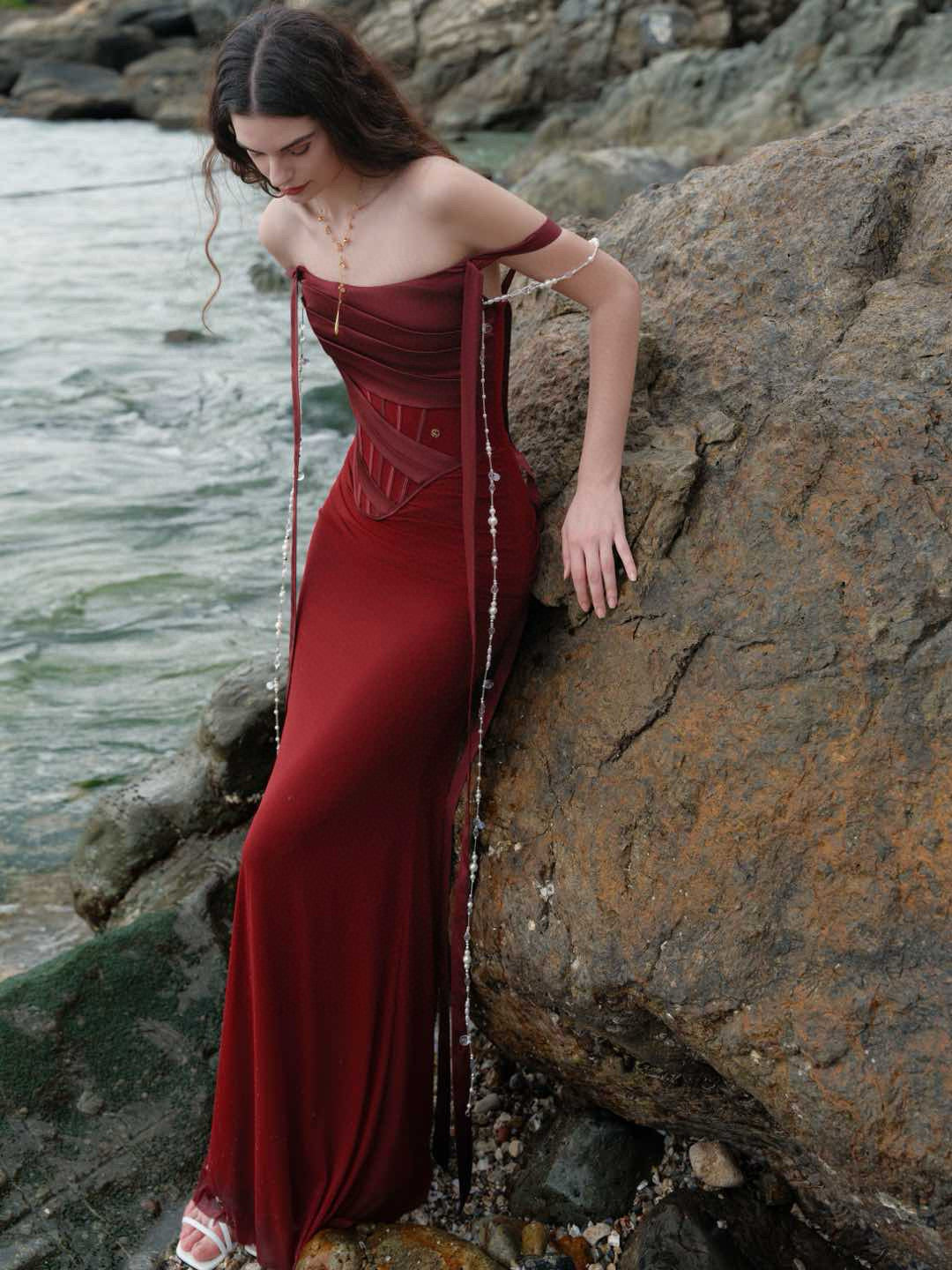 SHEERLUCK White & Red Marlee Sheath Fishtail Maxi Dress