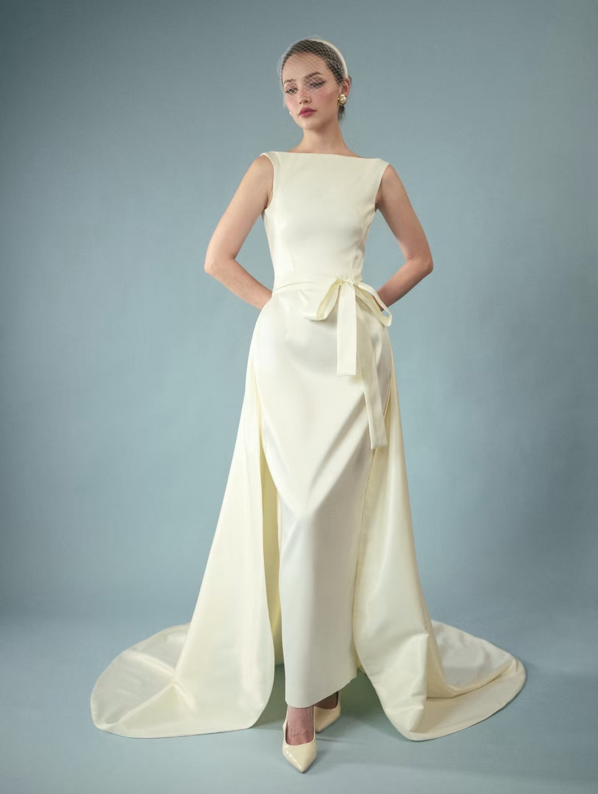 White Jollie Satin Waist Train Maxi Dress With Detachable Waist Train