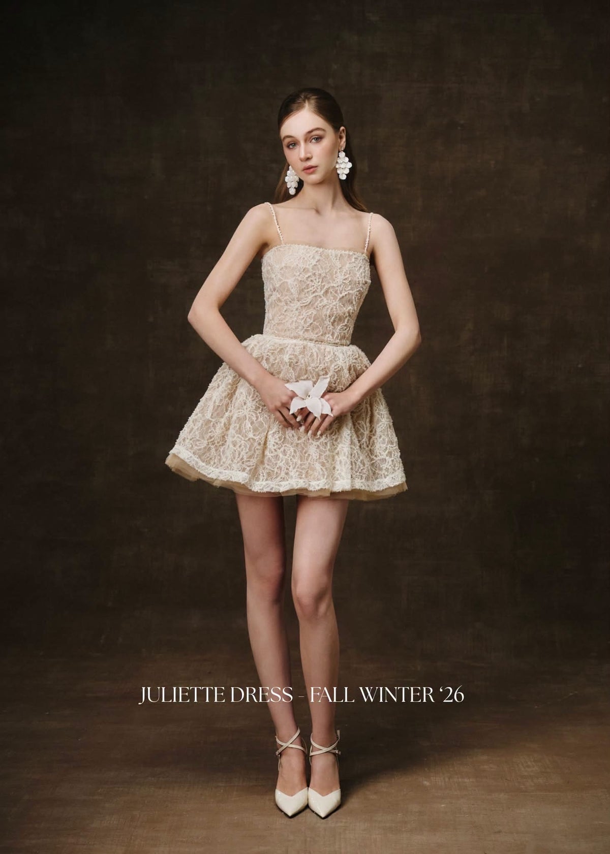 Cream Lace Pearl Straps Juliette Mini Dress