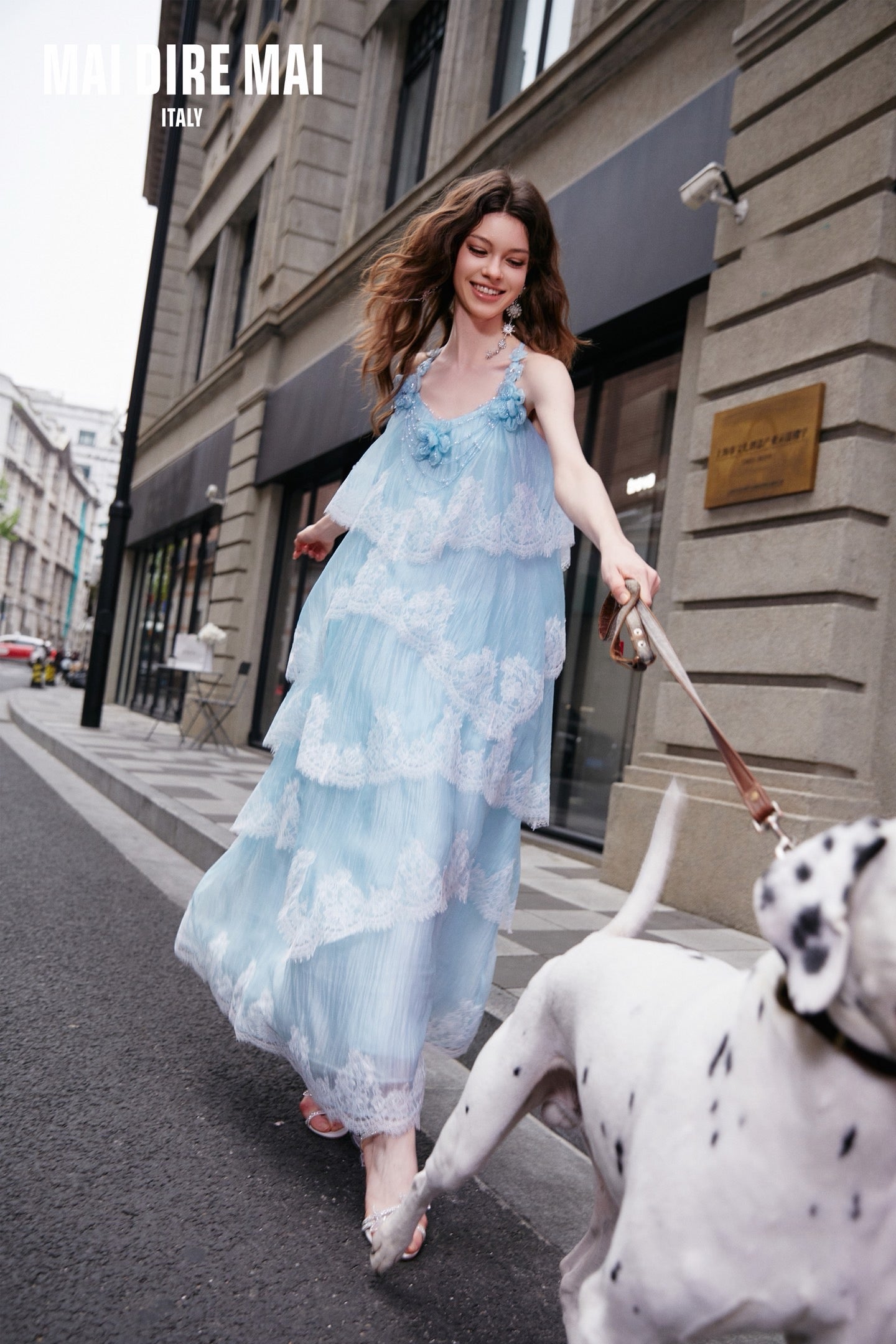 MAI DIRE MAI Elegant Vacation Blue Lace Floral Maxi Dress