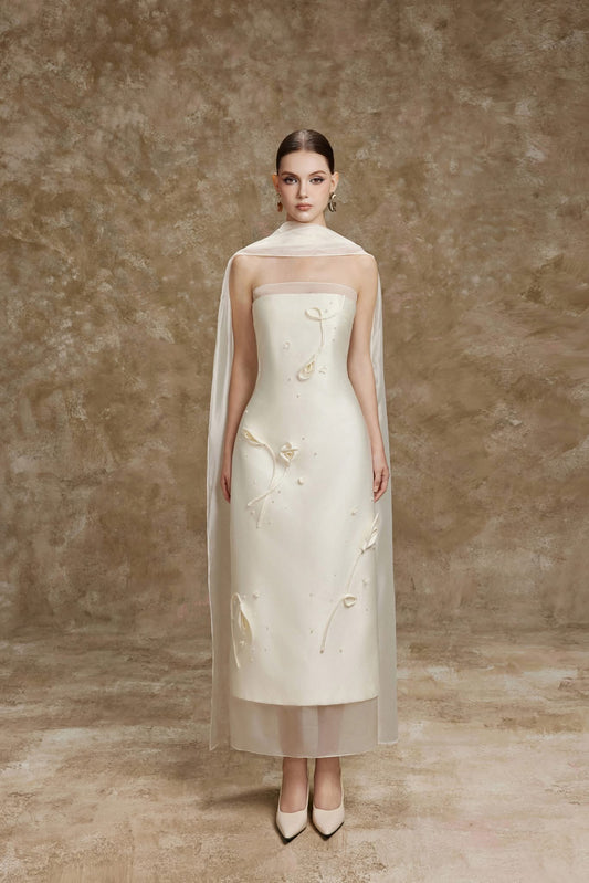 White Halter-Cape Strapless Satin 3D-Flower Adeline Midi Dress