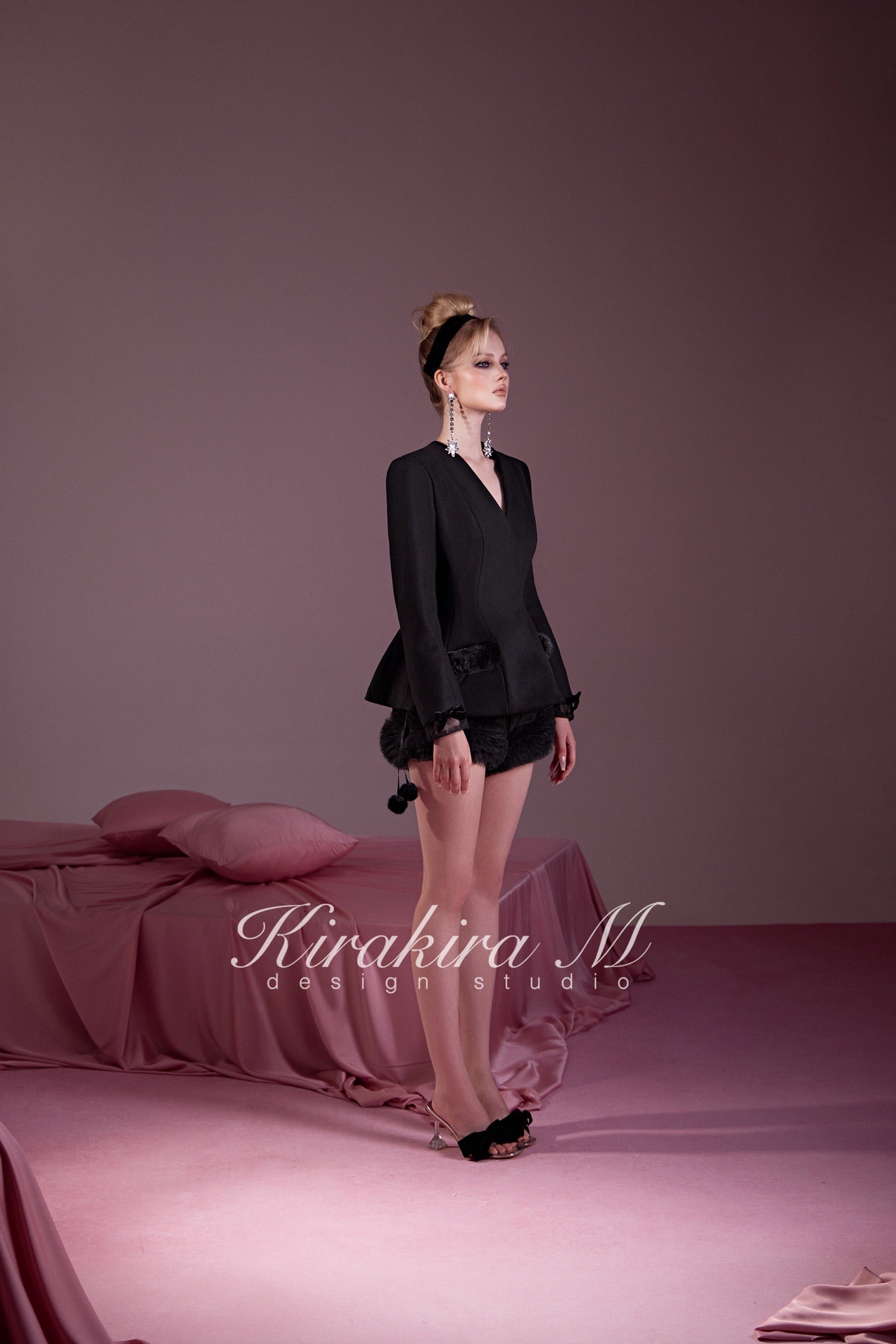 KIRAKIRA M Black Wool V-Neck Fitted Jacket & Low-Waisted Bell-Bottom Shorts