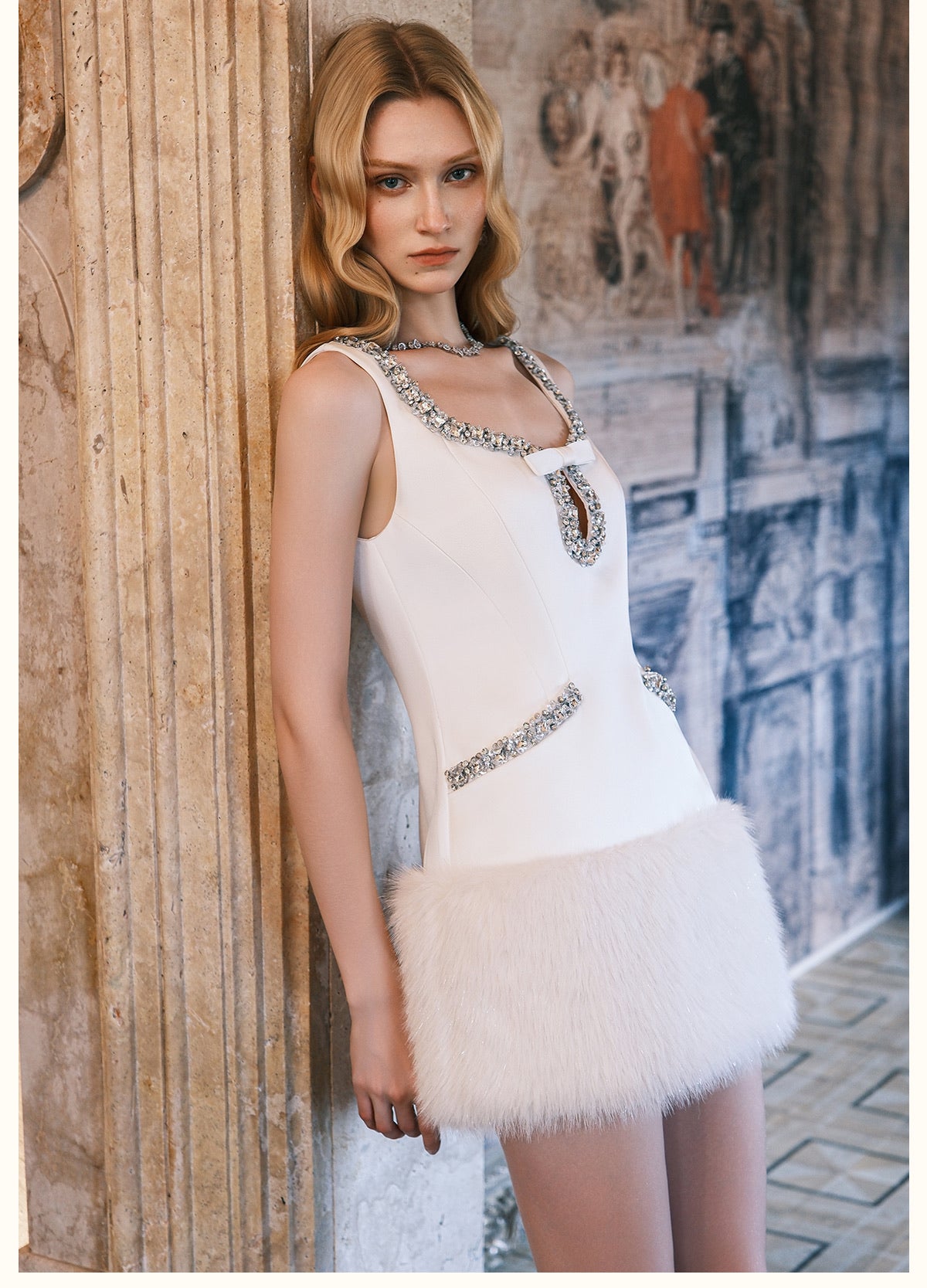 SHEERLUCK White Bow Fur Mini Dress