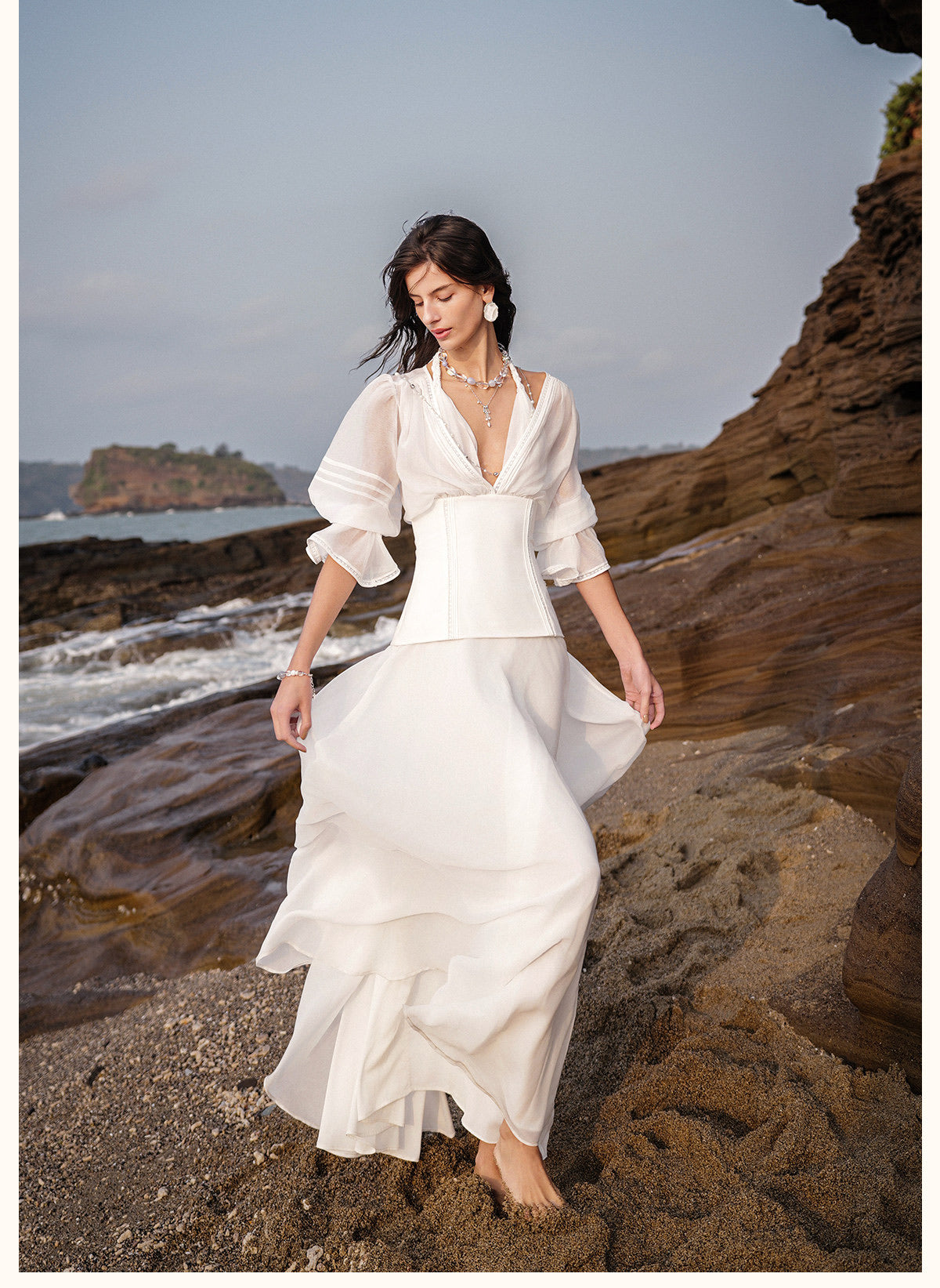 Sheerluck Elegant Vacation White Palazzo V-neck Maxi Dress