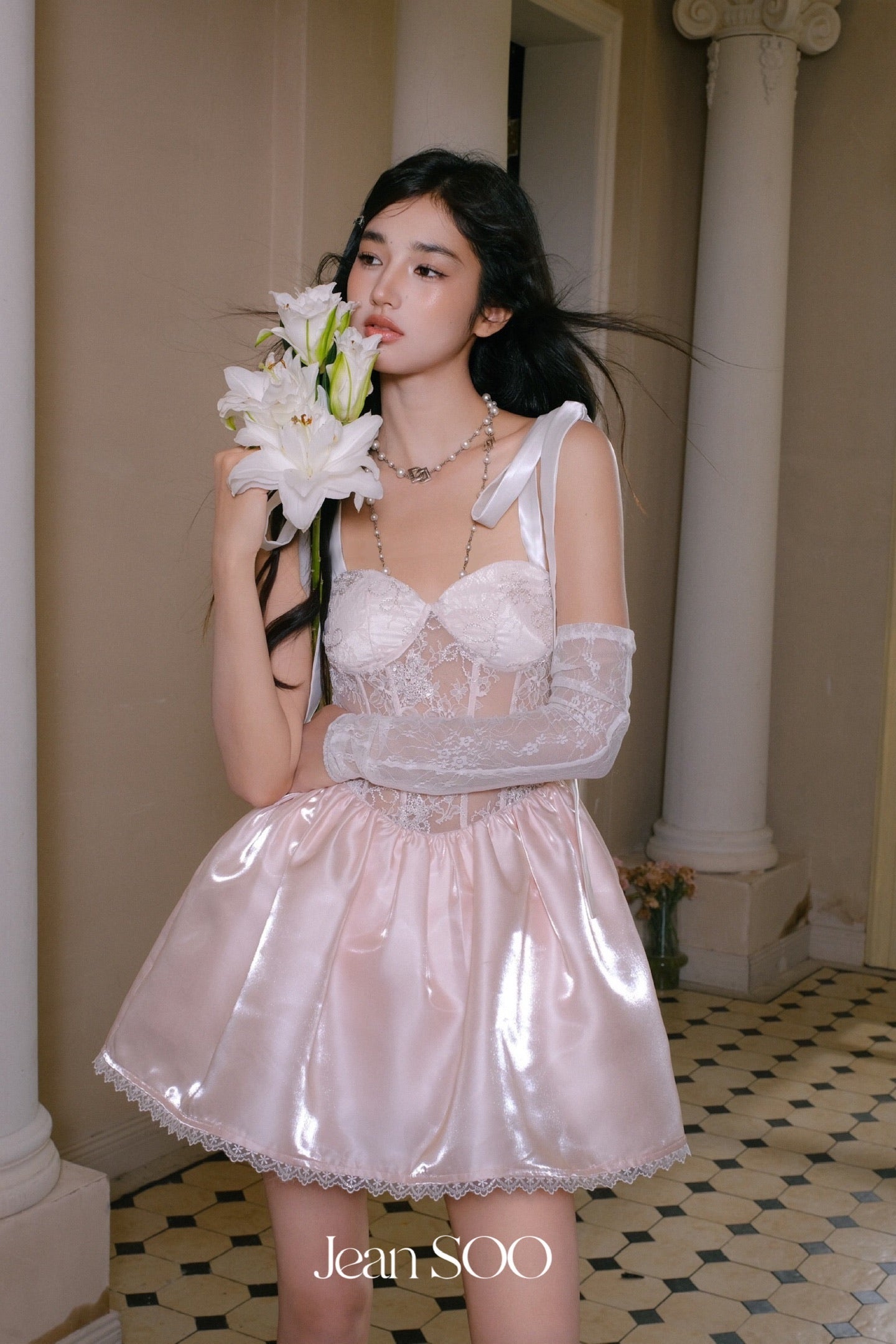 JEAN SOO Sweet Vacation Pink Lace Bow Mini Dress
