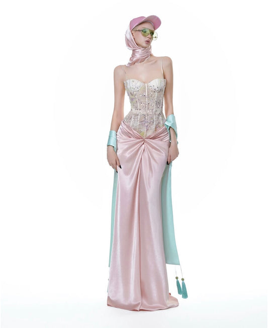 White Pink Satin Lace Twist Trumpet Eileen Maxi Dress