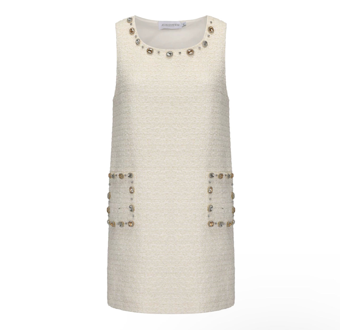 KINGWEN Gold & White Woven Gemstone Loose Sleeveless Mini Dress