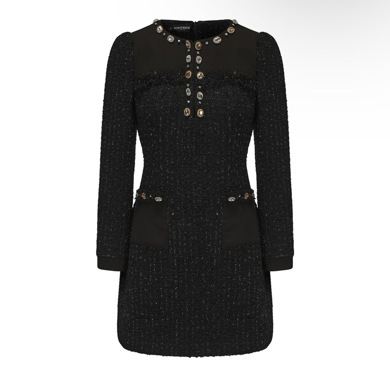 KINGWEN Black & White V-neck Tweed Long Sleeve Mini Dress