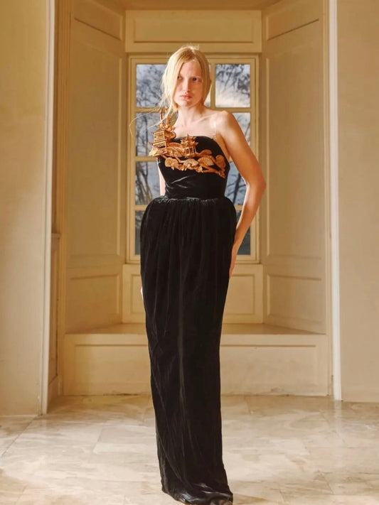 Black Velvet Bustier Golden Pavilion 3D Embellished Maxi Dress