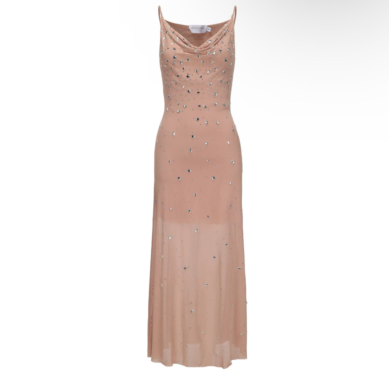 KINGWEN Black & Nude rhinestone swing neck maxi dress