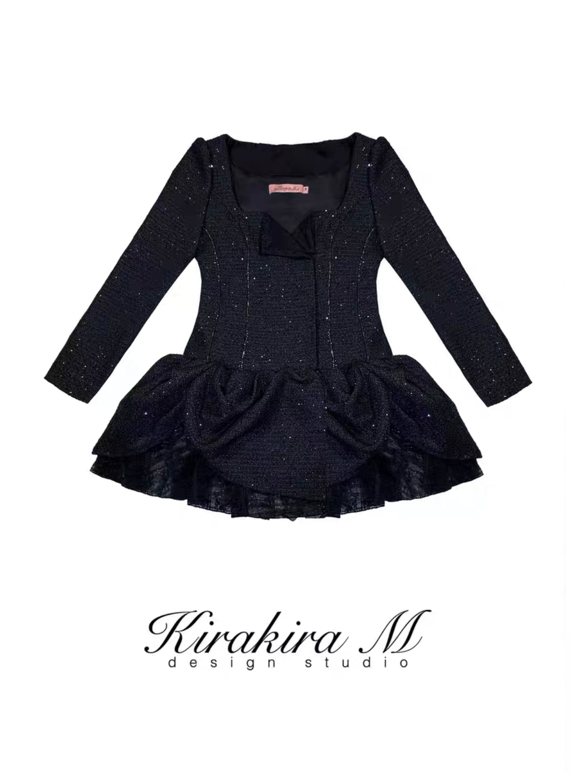 Kirakira M Black Diamond Embellished Black Tweed Waist-Closing Small Lapel Pod Top and Skirt