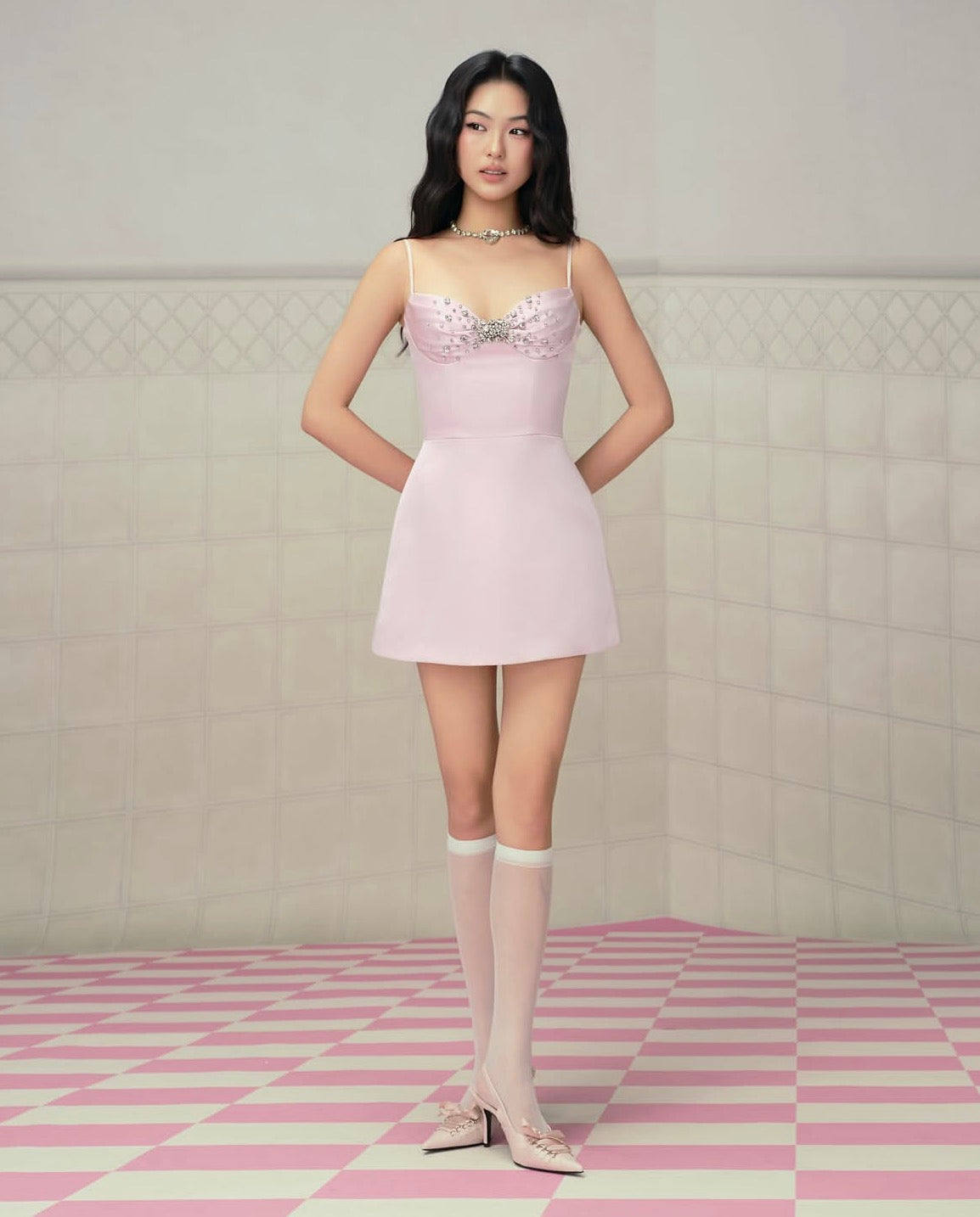 Pink Spaghetti-Strap Bustier-Cup Beaded A-Line Jolie Mini Dress
