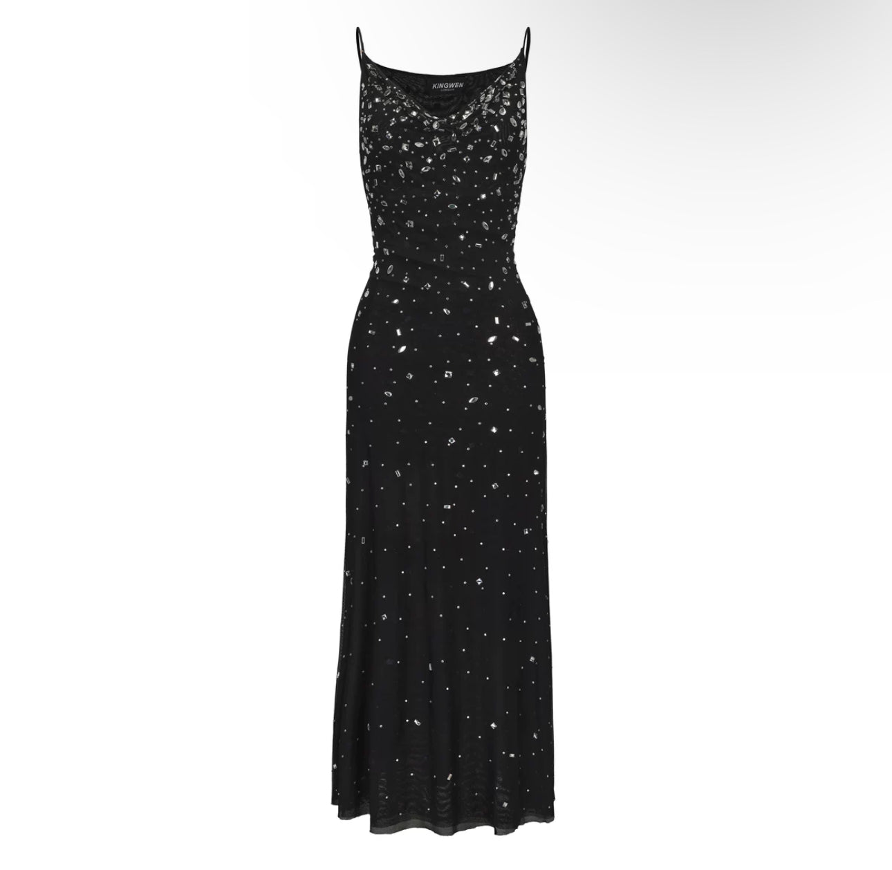 KINGWEN Black & Nude rhinestone swing neck maxi dress