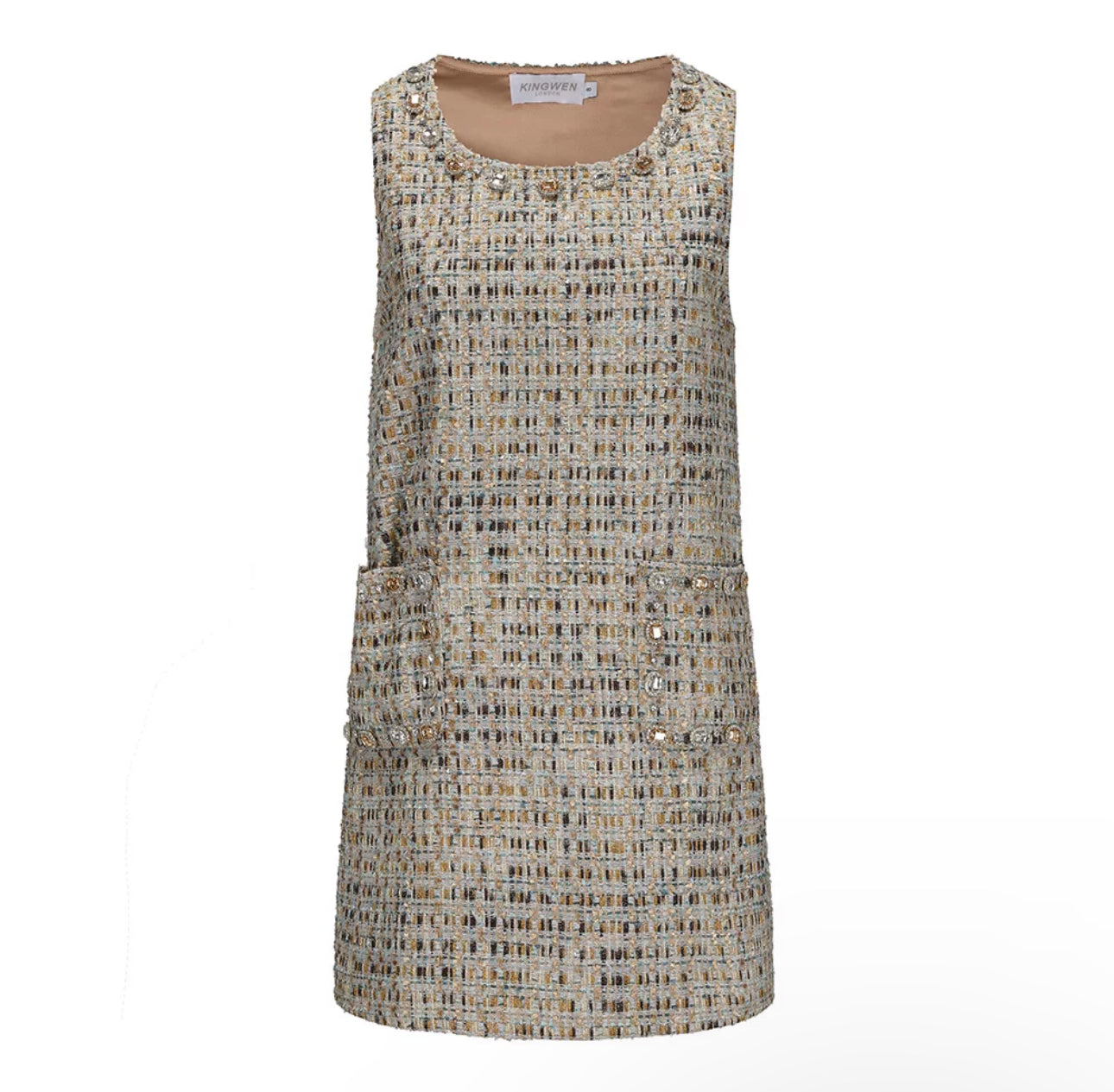 KINGWEN Gold & White Woven Gemstone Loose Sleeveless Mini Dress