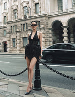 Black Halter Neck Sequin Corset 3D Floral Petal Mini Dress