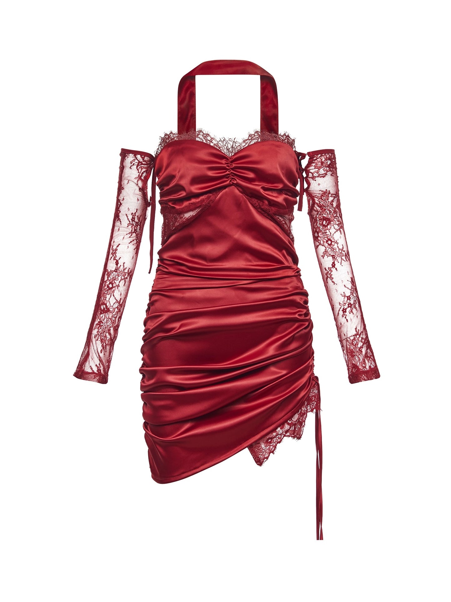 SHEERLUCK Red & Champagne & Black Lace mini Dress