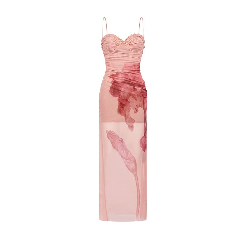 SHEERLUCK Rose | Sand Slim Mesh Iris Print Maxi Dress